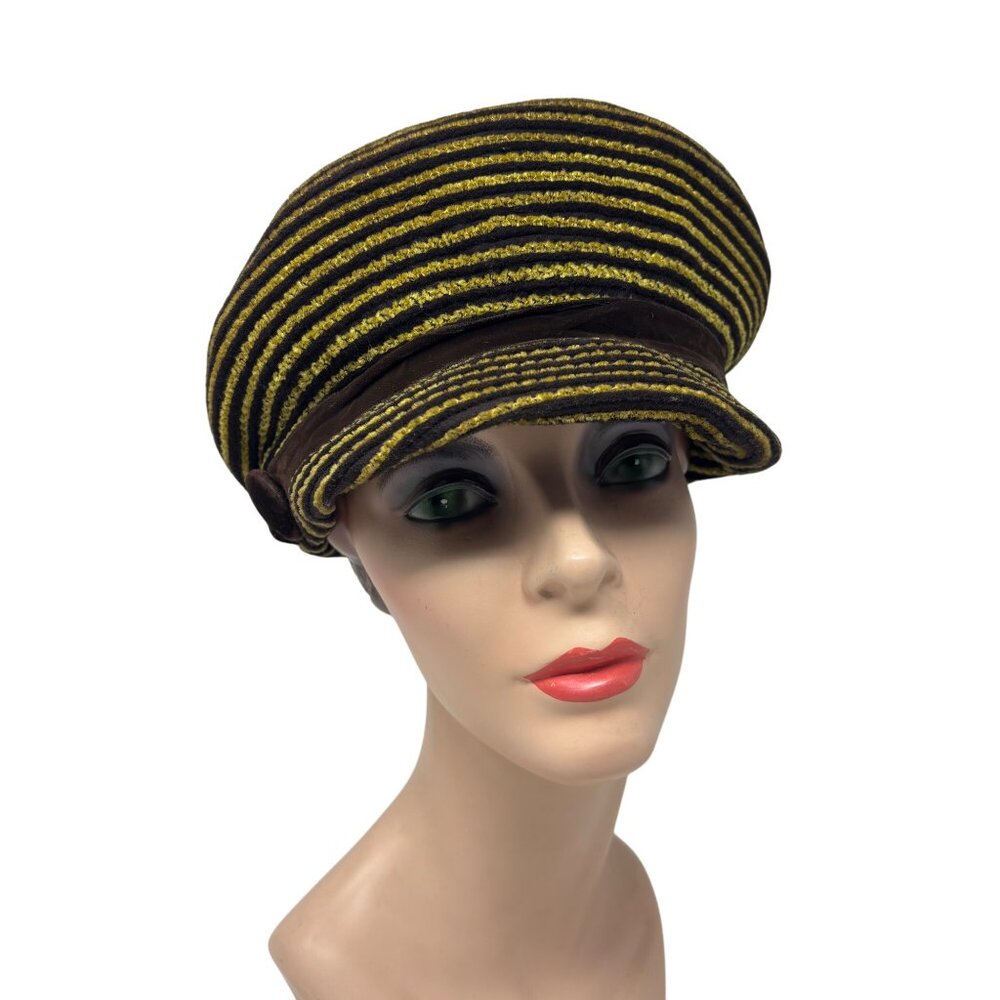 Vintage 50s Newsboy Hat Womens Striped Yellow Brown Knit Beret Cap - Picture 2 of 12